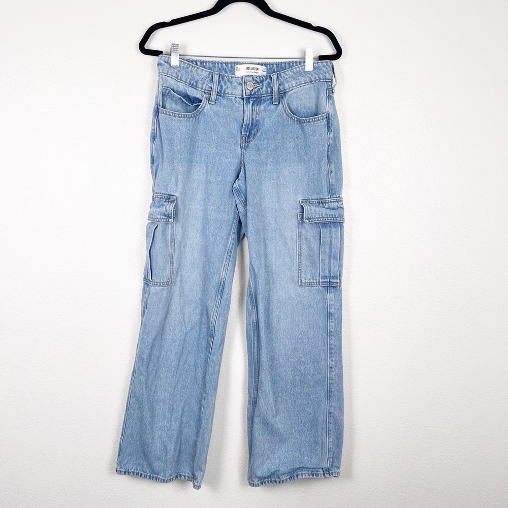 Hollister Women's Low Rise Baggy Wide Leg Cargo Jeans Blue Sz 27